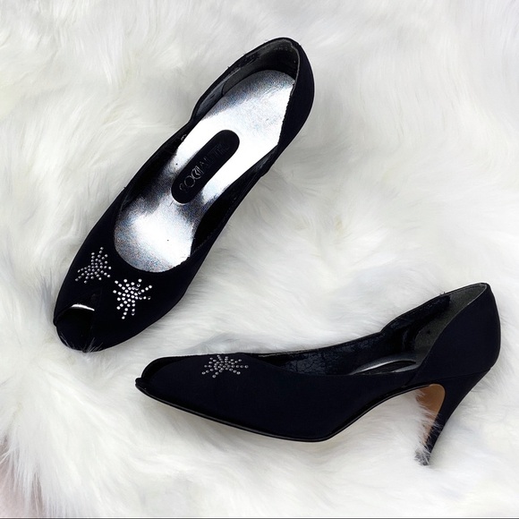 VINTAGE Peep Toe Rhinestone Evening Shoes Formal Heels 80s does the 50s Pumps - Picture 1 of 6